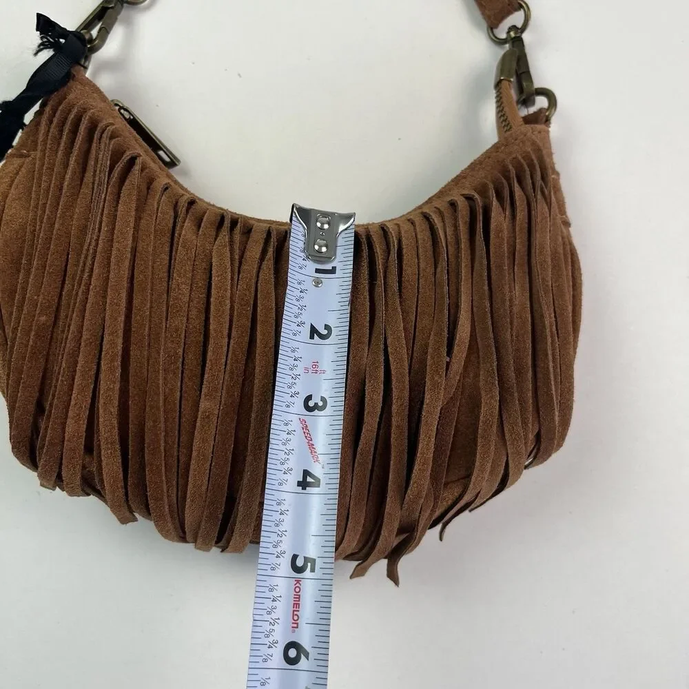 NWT Marlon Italy Suede Fringe Crescent Hobo Bag Brown Western Cowgirl Festival